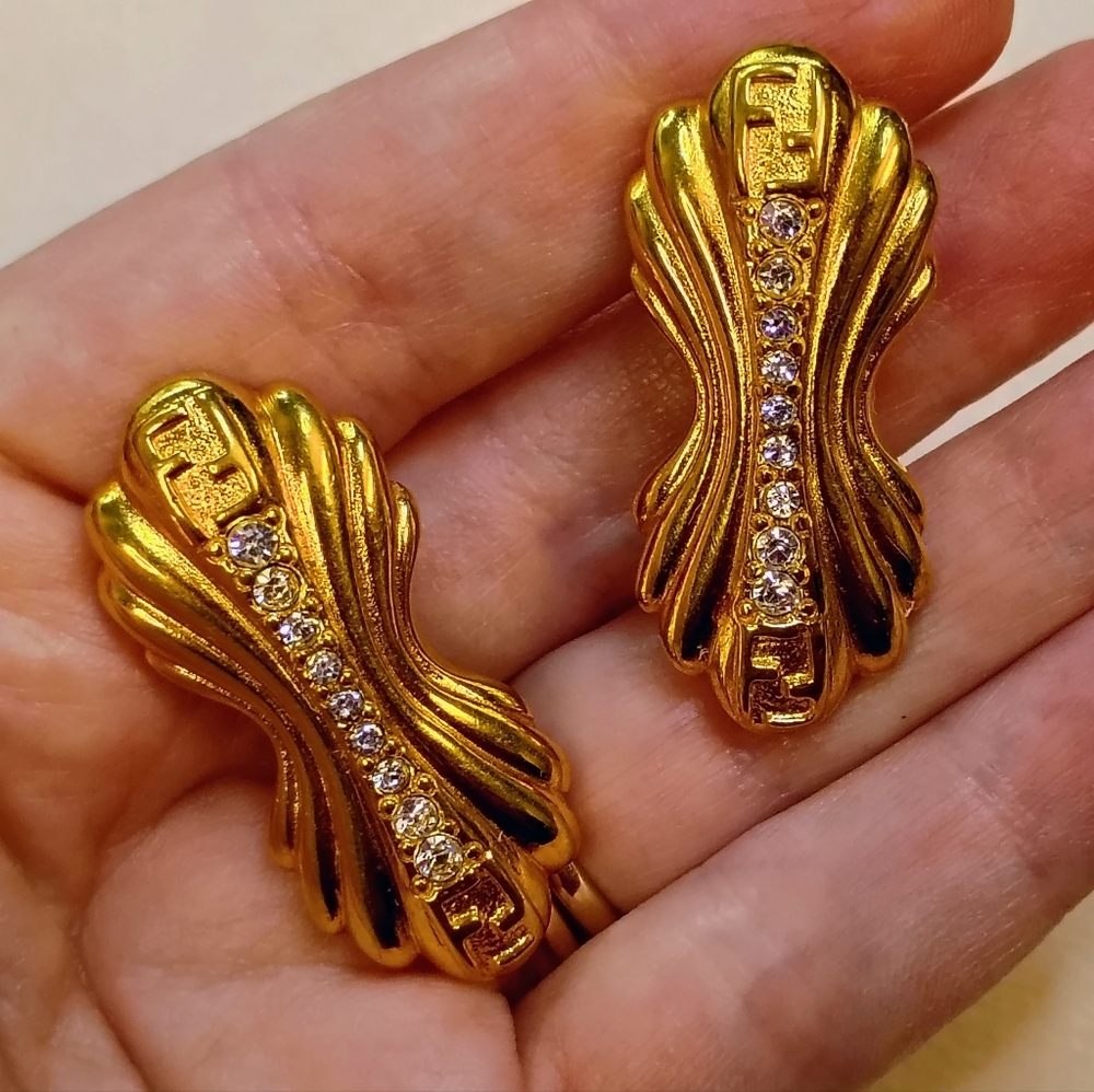Fendi Vintage Crystal FF Logo Clip-on Earrings